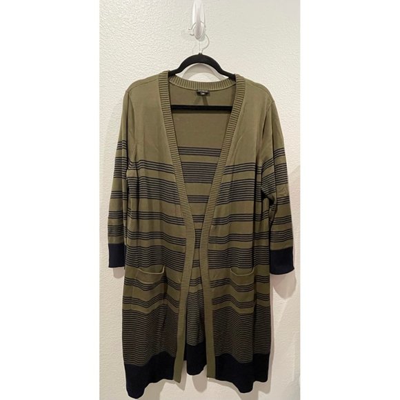 TALBOTS Open Striped Cardigan Olive Green - Picture 1 of 3
